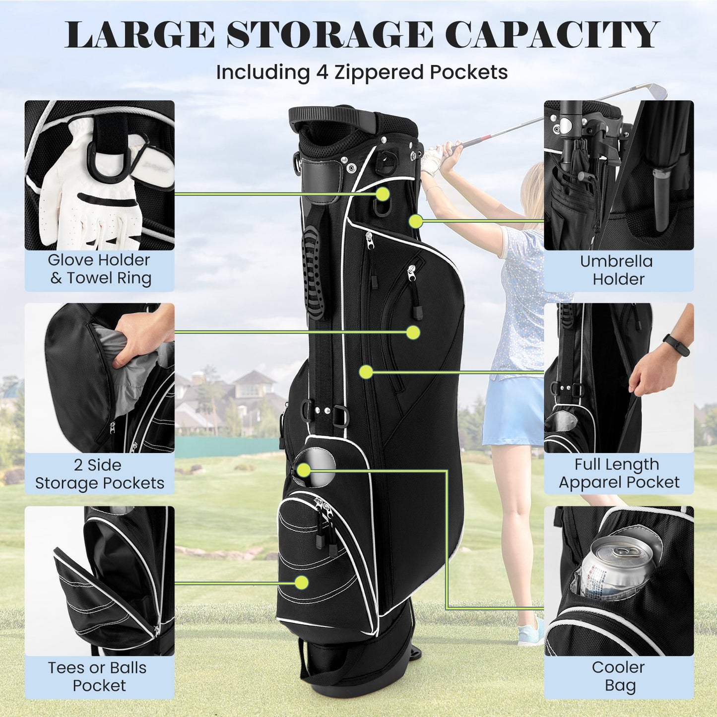 Golf Stand Cart Bag with 4 Way Divider Carry Organizer Pockets, Black Golf   at Gallery Canada