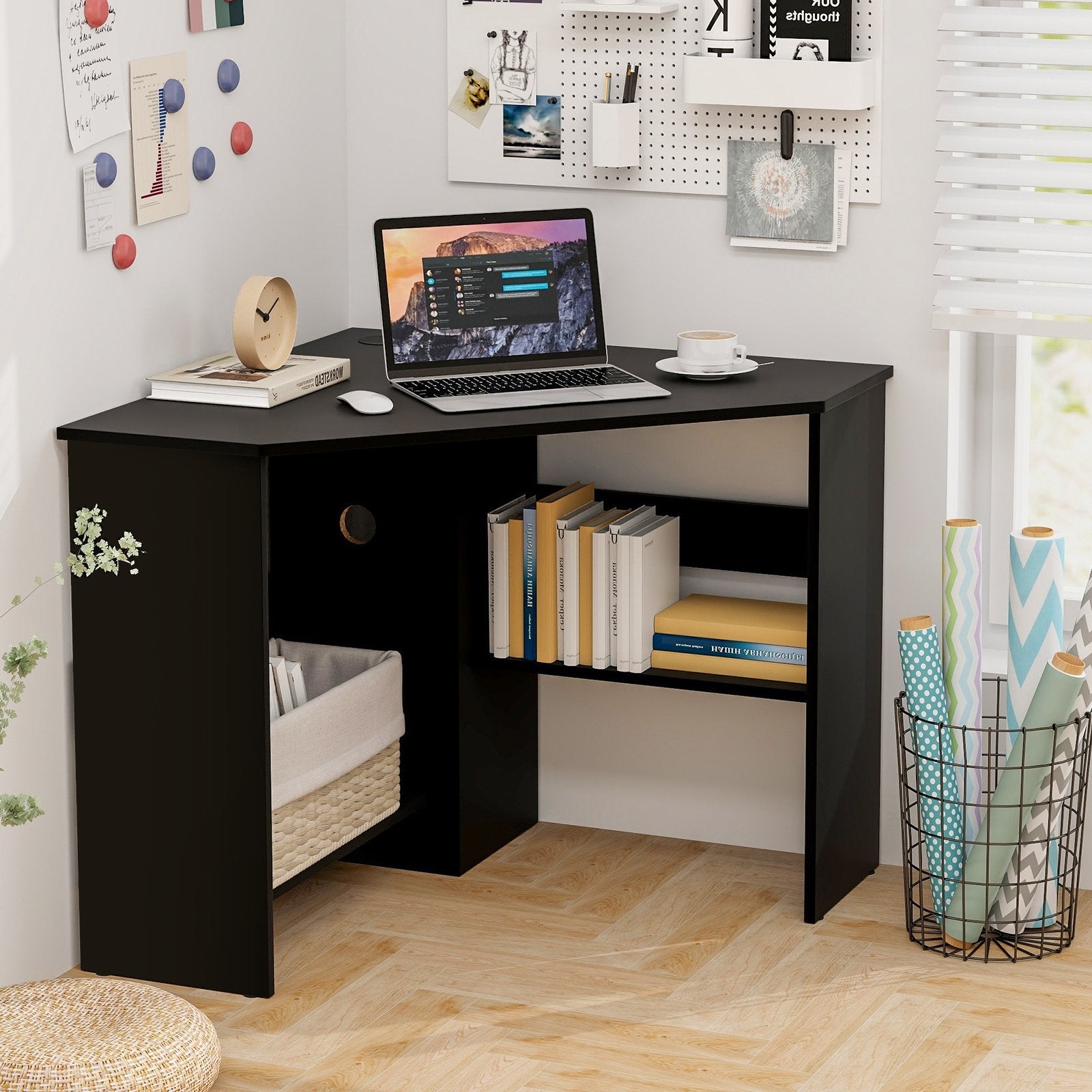 Corner Computer Desk Triangle Writing Workstation with Storage Shelf, Black Corner Desks   at Gallery Canada