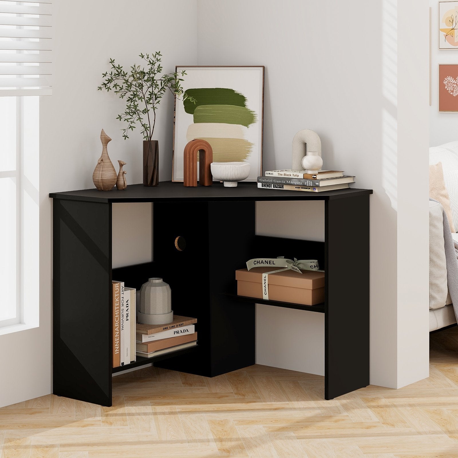 Corner Computer Desk Triangle Writing Workstation with Storage Shelf, Black Corner Desks   at Gallery Canada