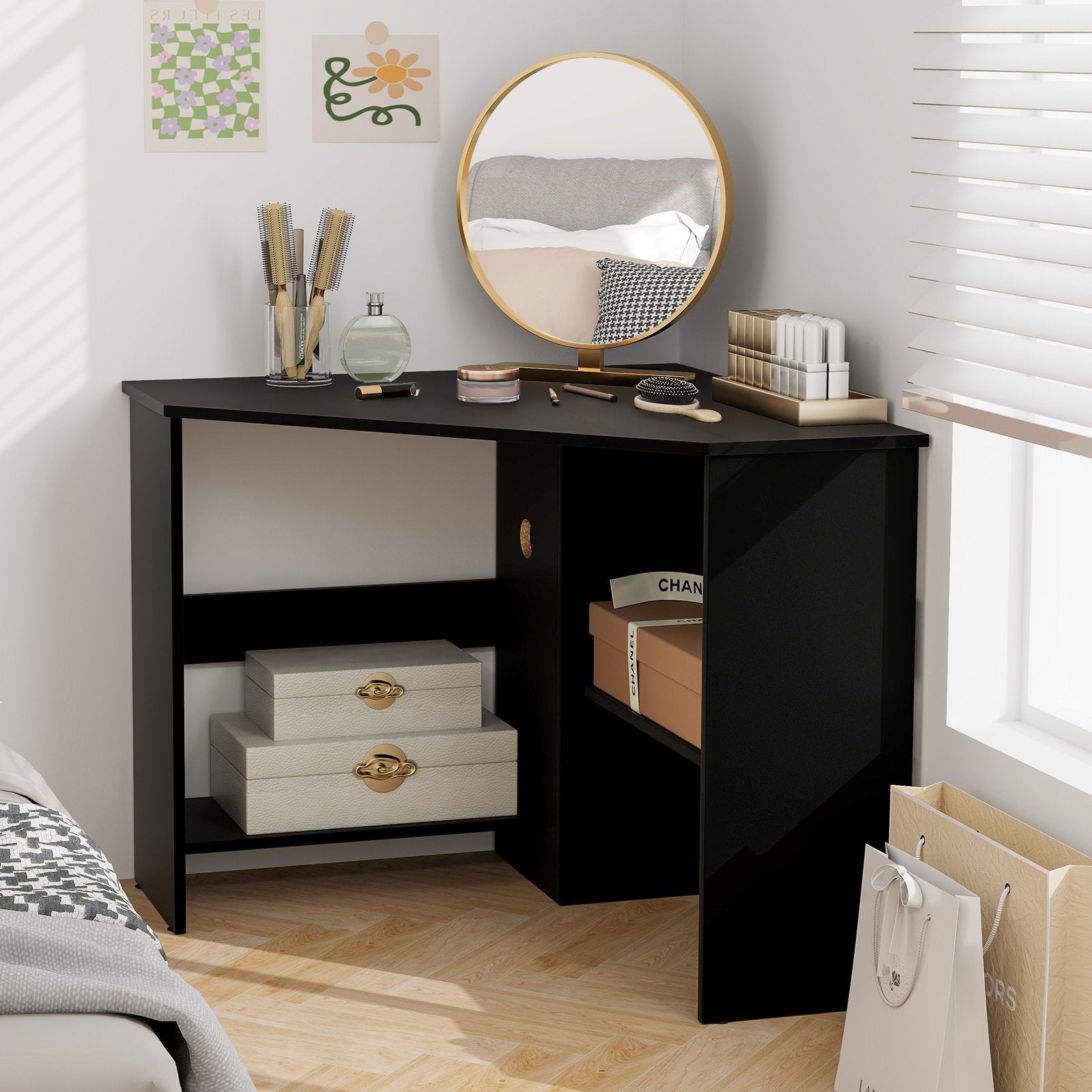 Corner Computer Desk Triangle Writing Workstation with Storage Shelf, Black Corner Desks   at Gallery Canada