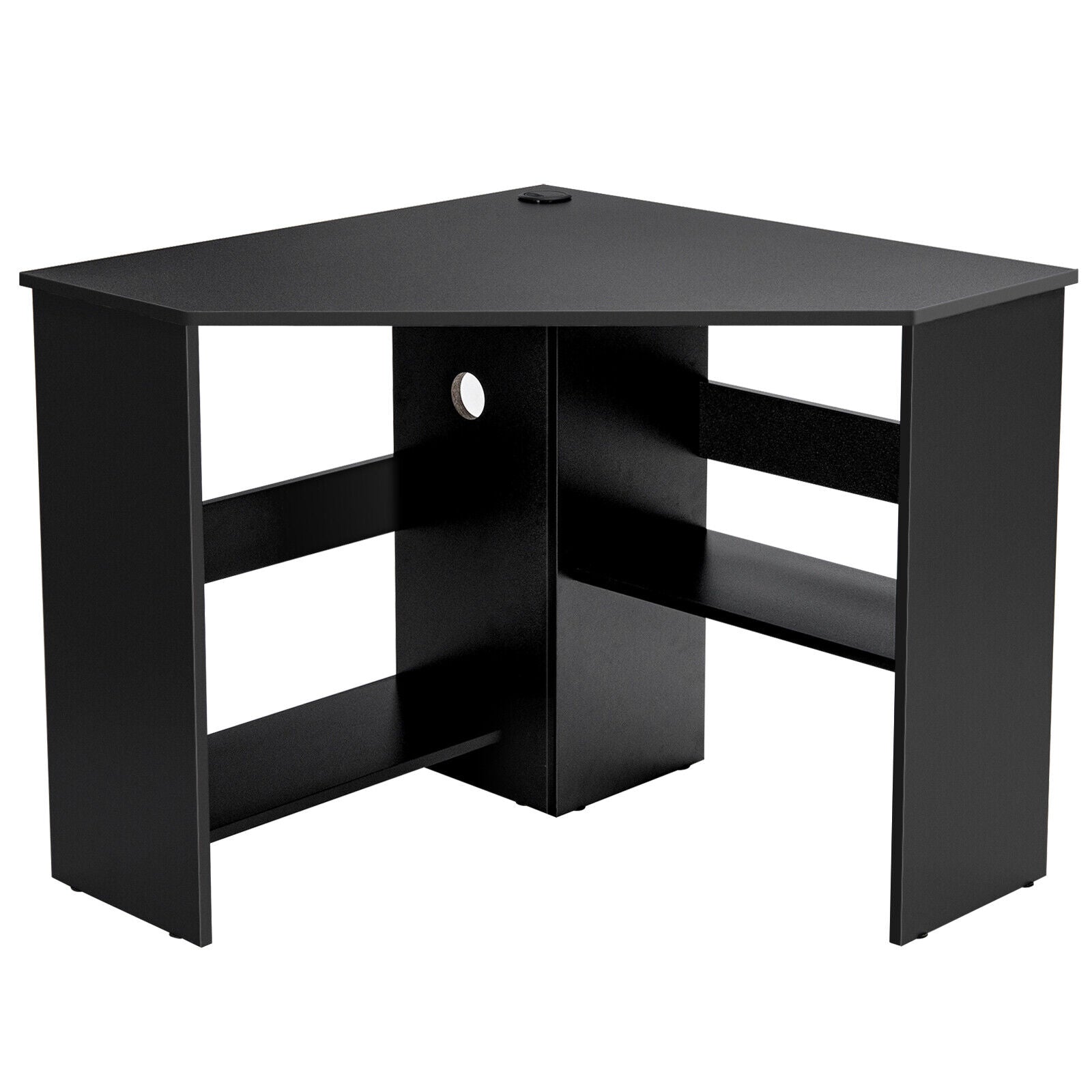 Corner Computer Desk Triangle Writing Workstation with Storage Shelf, Black Corner Desks Black at Gallery Canada