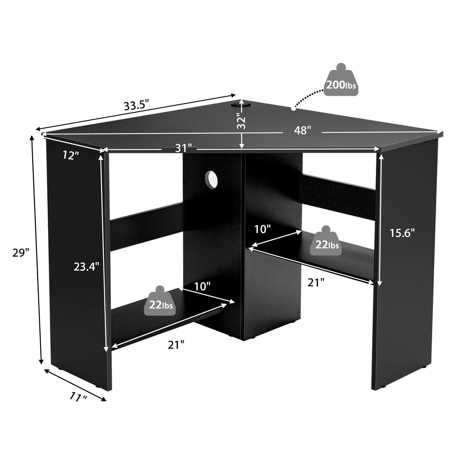 Corner Computer Desk Triangle Writing Workstation with Storage Shelf, Black Corner Desks   at Gallery Canada