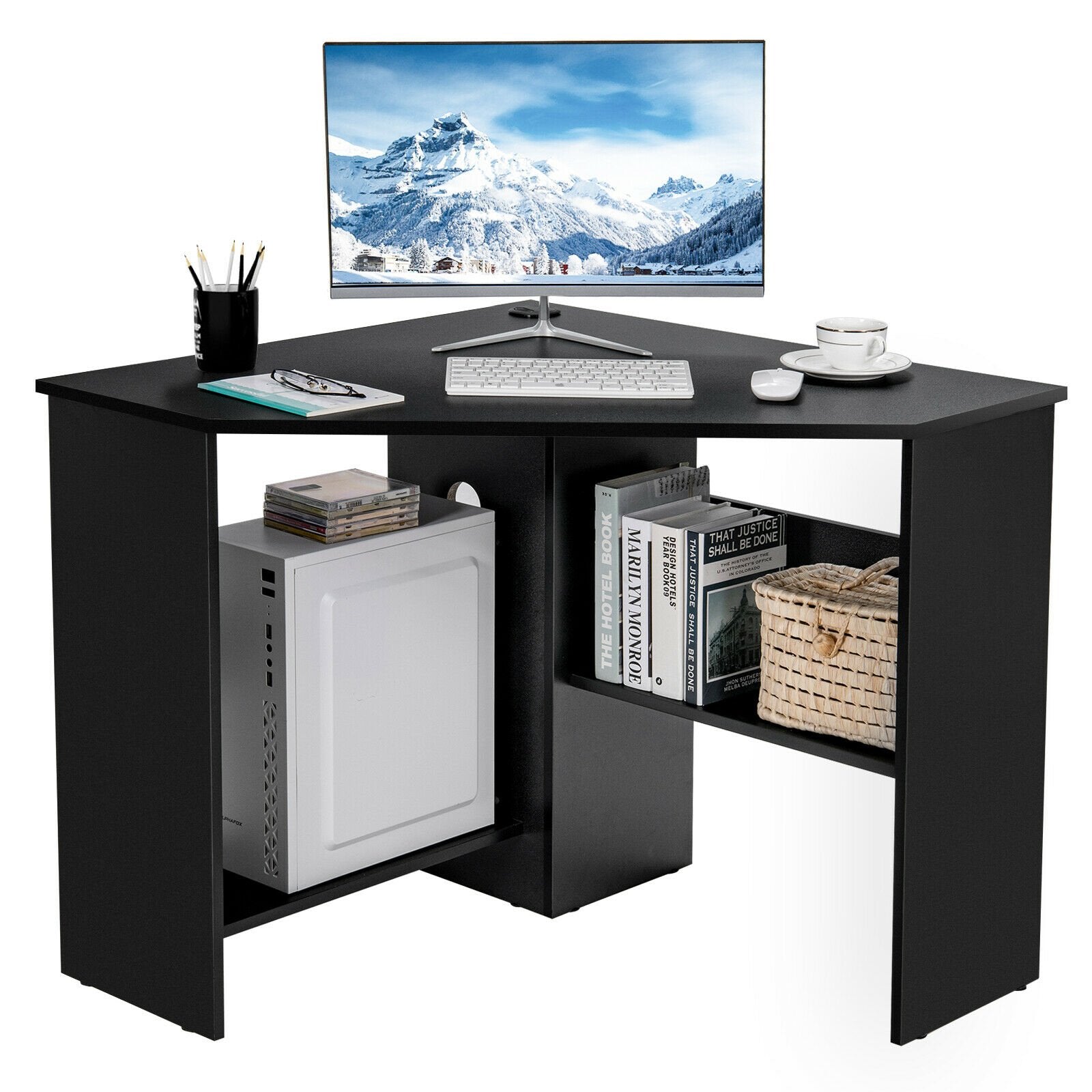 Corner Computer Desk Triangle Writing Workstation with Storage Shelf, Black Corner Desks   at Gallery Canada