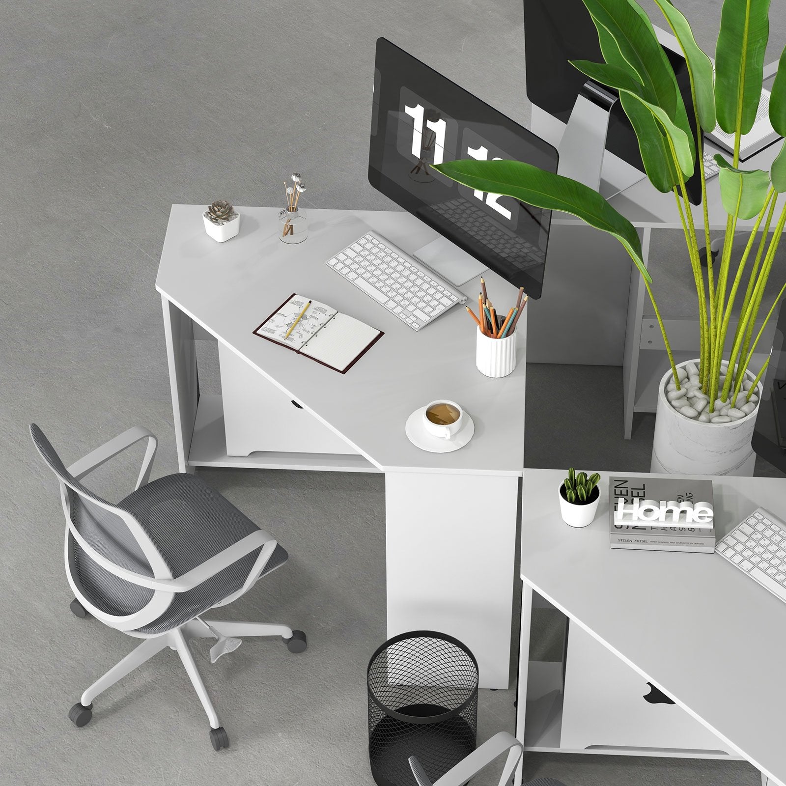 Corner Computer Desk Triangle Writing Workstation with Storage Shelf, White Corner Desks   at Gallery Canada