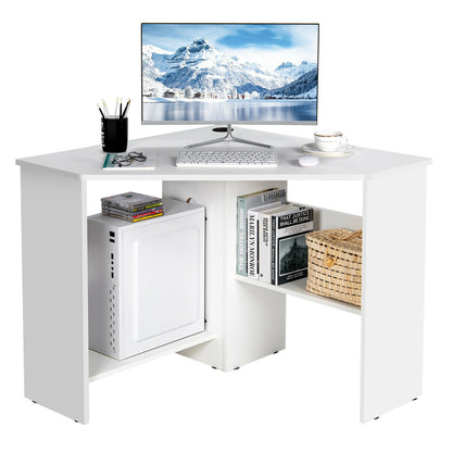 Corner Computer Desk Triangle Writing Workstation with Storage Shelf, White Corner Desks   at Gallery Canada