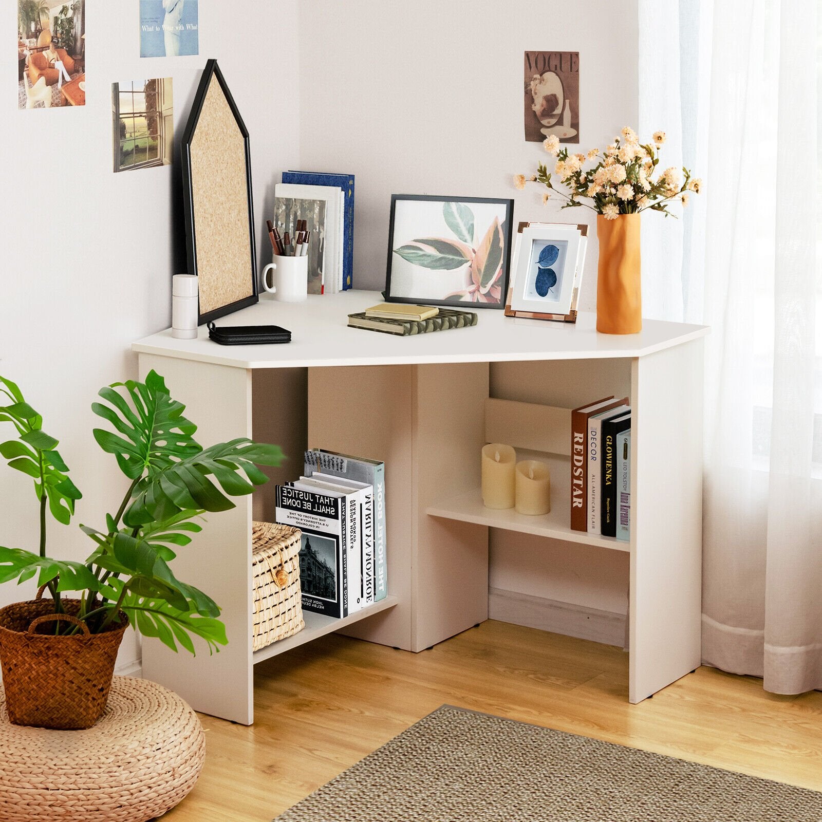 Corner Computer Desk Triangle Writing Workstation with Storage Shelf, White Corner Desks   at Gallery Canada