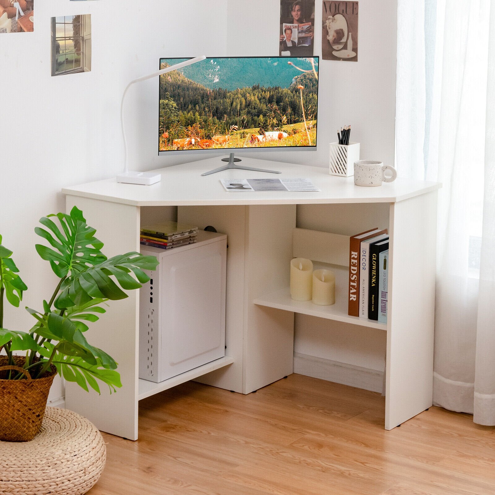 Corner Computer Desk Triangle Writing Workstation with Storage Shelf, White Corner Desks   at Gallery Canada