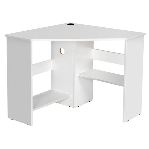 Corner Computer Desk Triangle Writing Workstation with Storage Shelf, White