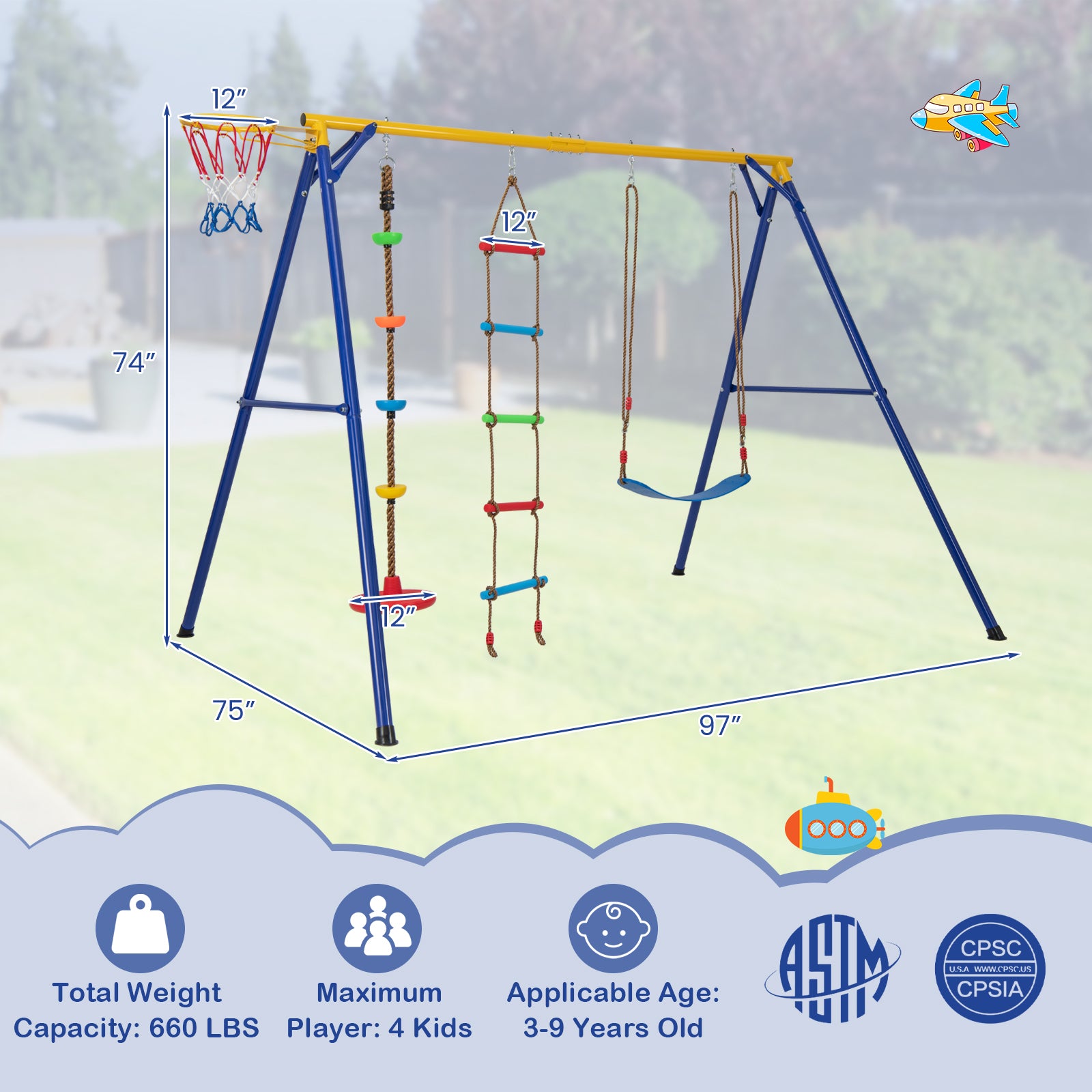 4-in-1 660 lbs Heavy Duty Swing Set for Kids Aged 3-9 Years Old, Yellow Swing & Playsets   at Gallery Canada