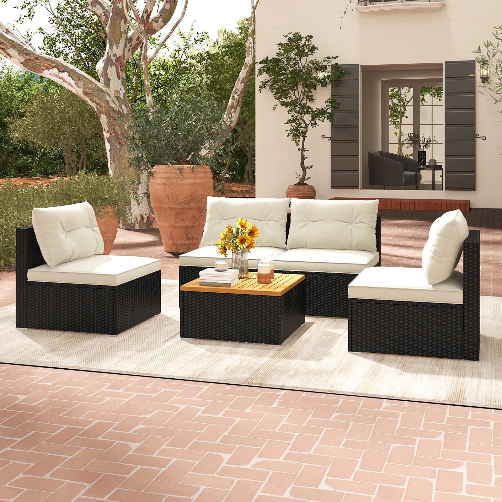 5 Piece Outdoor Furniture Set with Solid Tabletop and Soft Cushions, Off White Patio Conversation Sets   at Gallery Canada