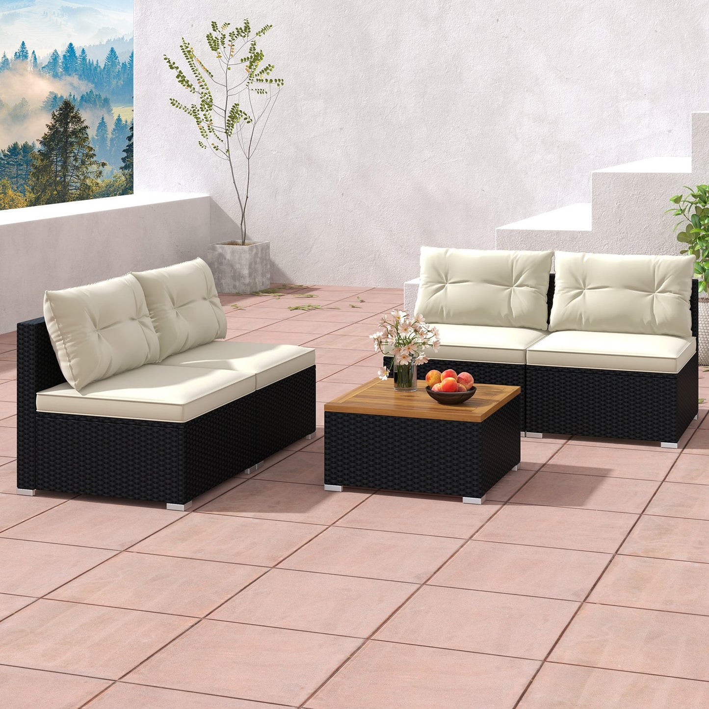 5 Piece Outdoor Furniture Set with Solid Tabletop and Soft Cushions, Off White Patio Conversation Sets   at Gallery Canada