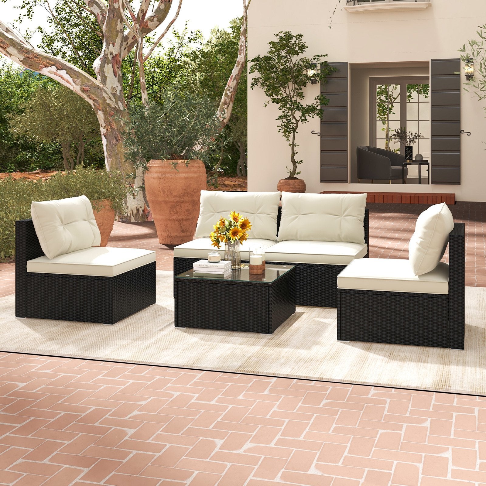 5 Pieces Outdoor Patio Furniture Set with Cushions and Coffee Table, Off White Patio Conversation Sets   at Gallery Canada