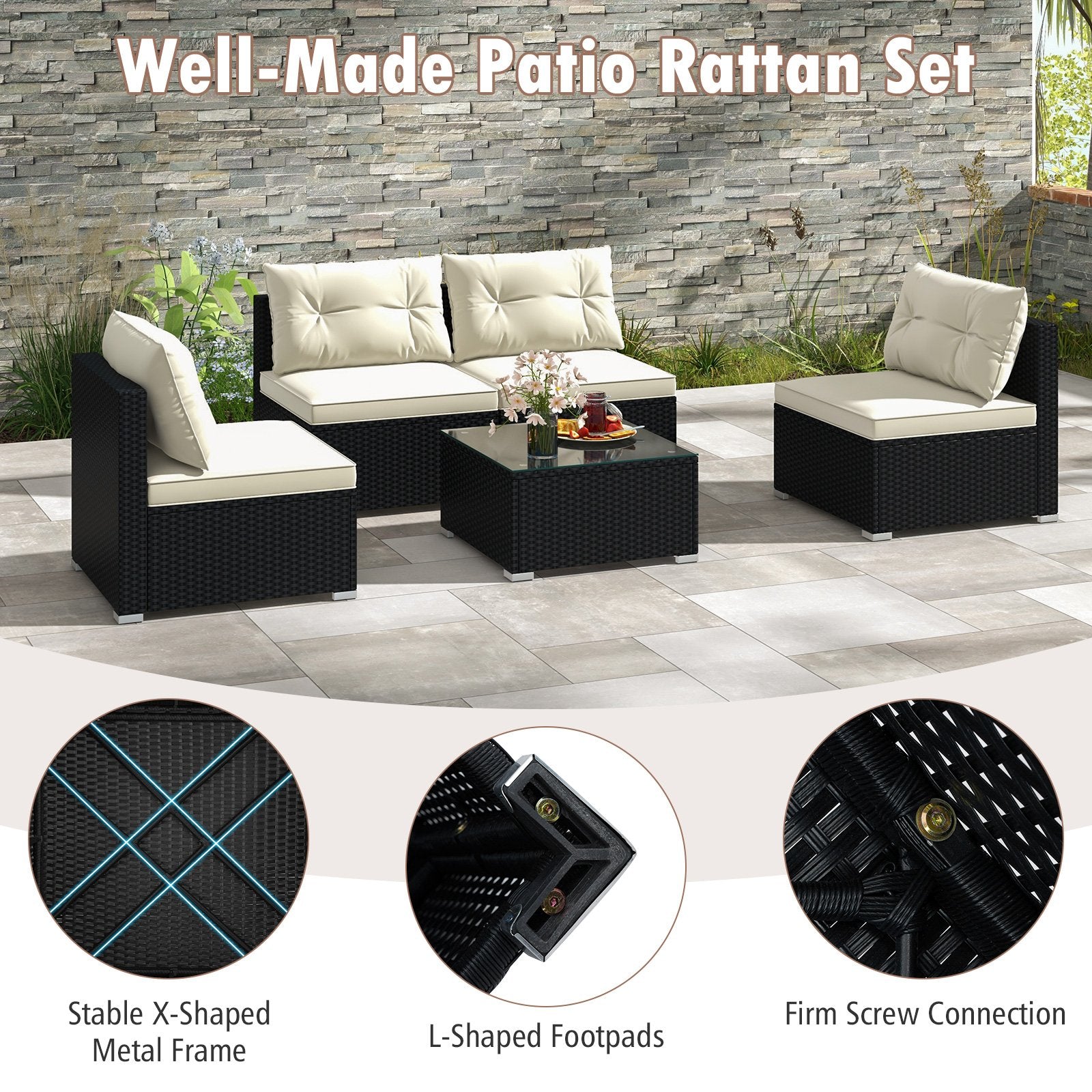 5 Pieces Outdoor Patio Furniture Set with Cushions and Coffee Table, Off White Patio Conversation Sets   at Gallery Canada