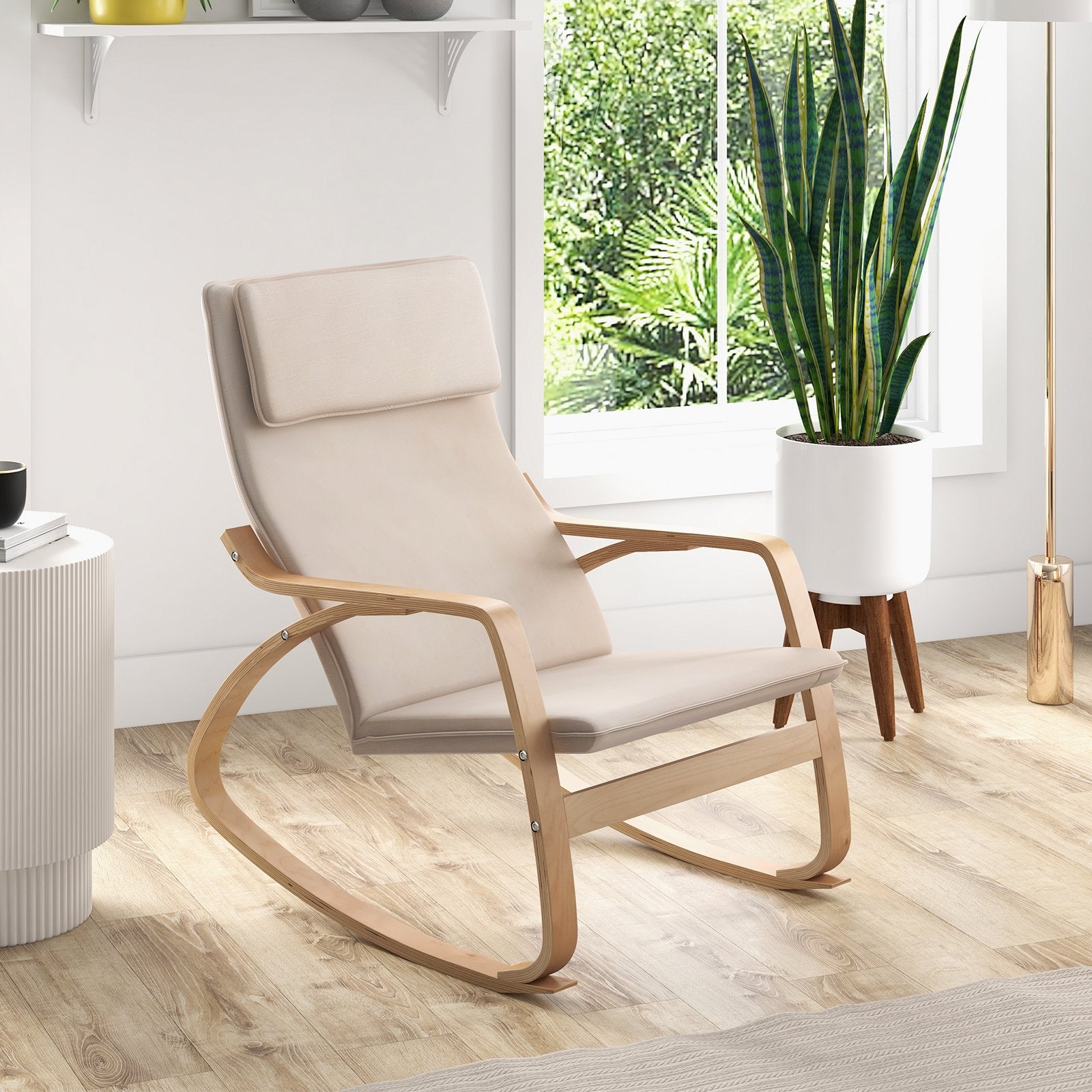 Stable Wooden Frame Leisure Rocking Chair with Removable Upholstered Cushion, Beige Accent Chairs   at Gallery Canada