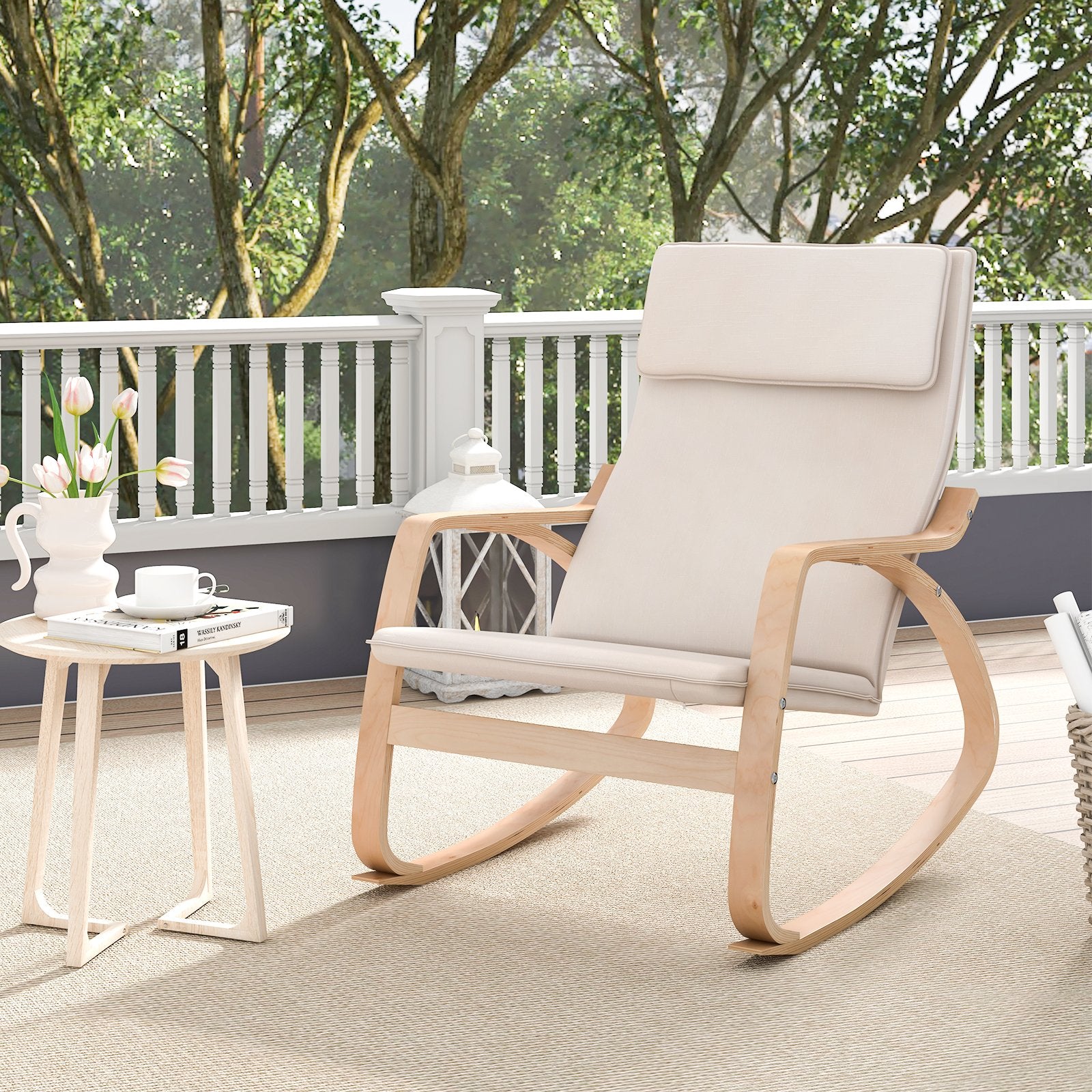 Stable Wooden Frame Leisure Rocking Chair with Removable Upholstered Cushion, Beige Accent Chairs   at Gallery Canada