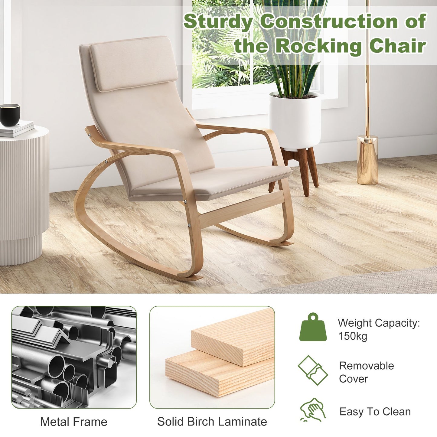 Stable Wooden Frame Leisure Rocking Chair with Removable Upholstered Cushion, Beige Accent Chairs   at Gallery Canada