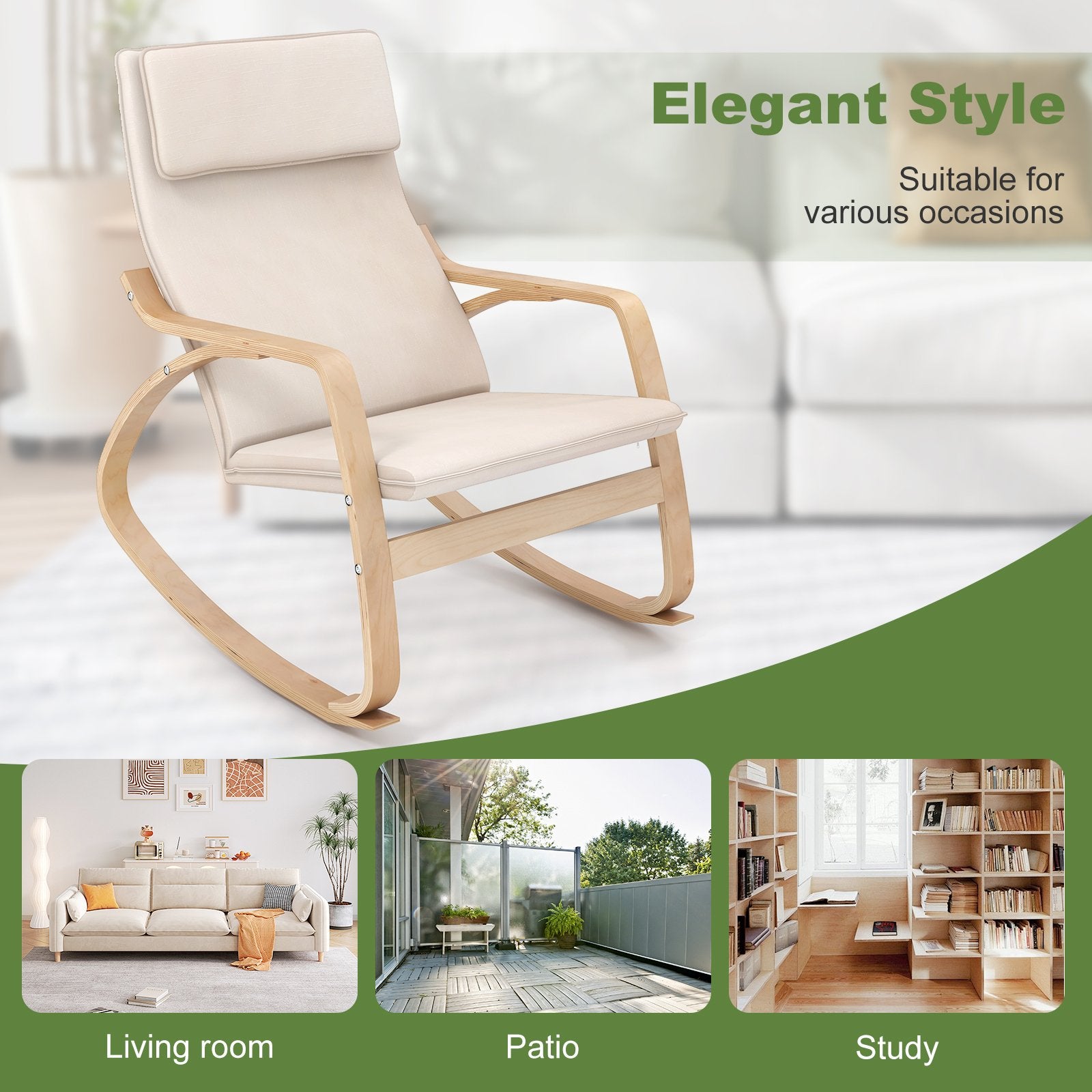 Stable Wooden Frame Leisure Rocking Chair with Removable Upholstered Cushion, Beige Accent Chairs   at Gallery Canada