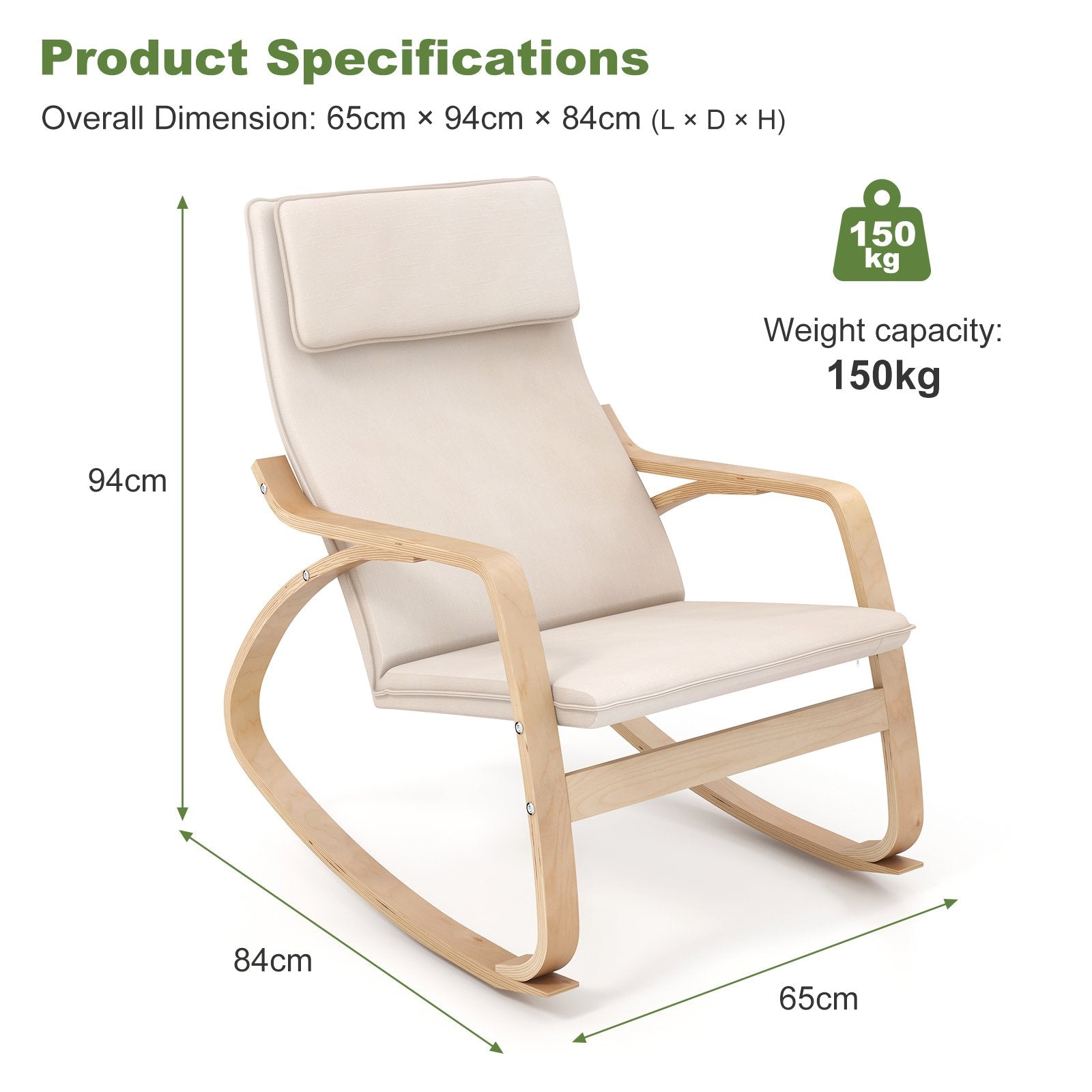 Stable Wooden Frame Leisure Rocking Chair with Removable Upholstered Cushion, Beige Accent Chairs   at Gallery Canada