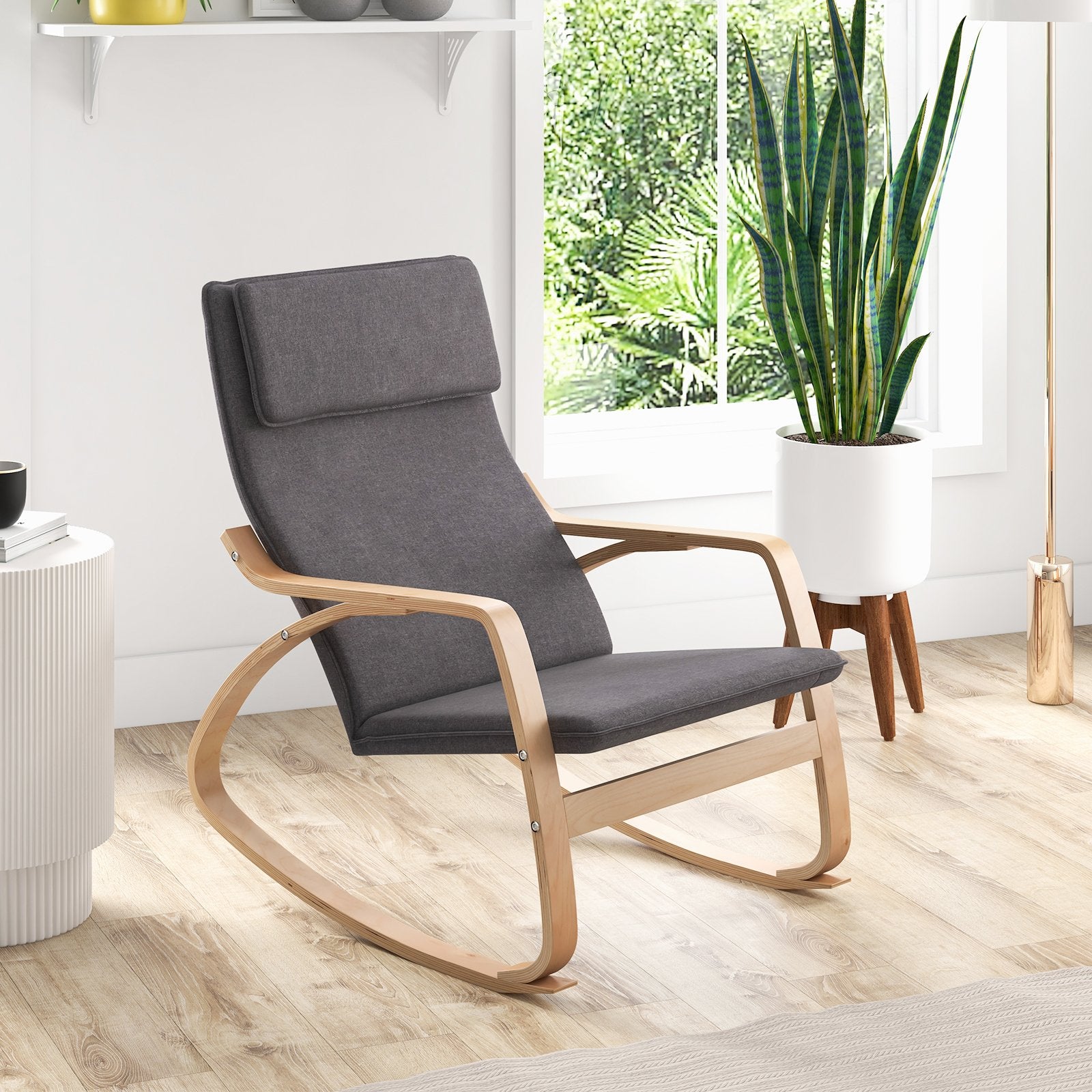 Modern Bentwood Rocking Chair Fabric Upholstered Relax Rocker Lounge Chair, Gray Accent Chairs   at Gallery Canada