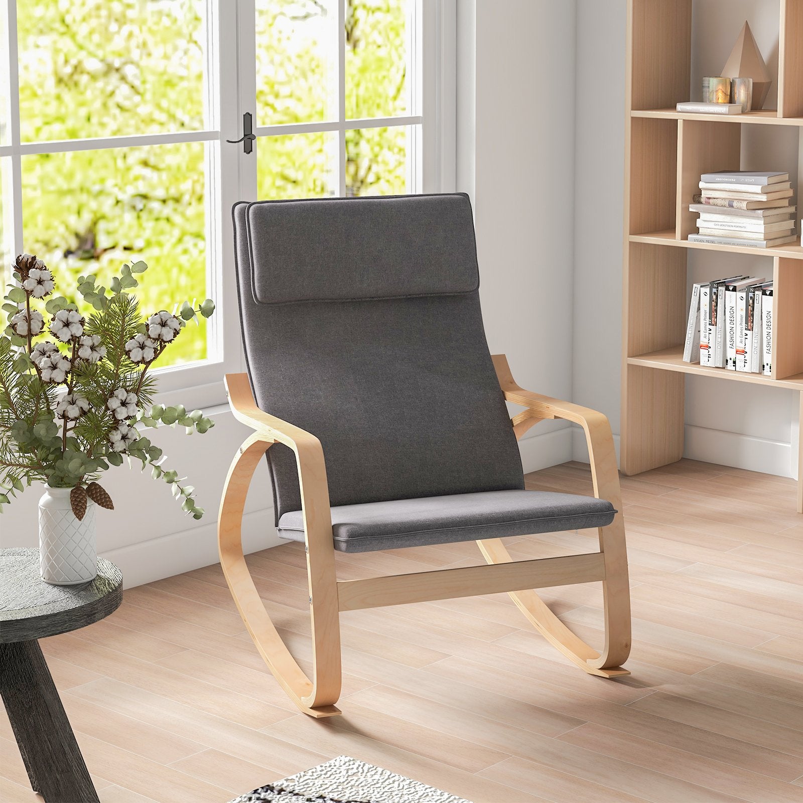 Modern Bentwood Rocking Chair Fabric Upholstered Relax Rocker Lounge Chair, Gray Accent Chairs   at Gallery Canada