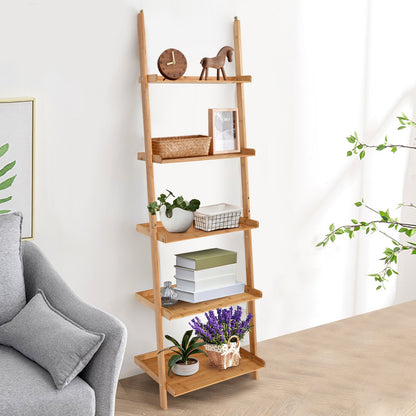 5-Tier Ladder Shelf Bamboo Bookshelf Wall-Leaning Storage Display Plant Stand, Natural - Gallery Canada