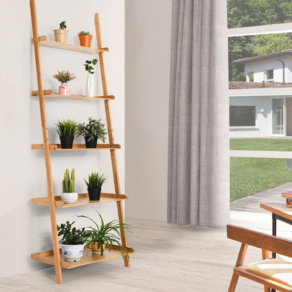 5-Tier Ladder Shelf Bamboo Bookshelf Wall-Leaning Storage Display Plant Stand, Natural - Gallery Canada