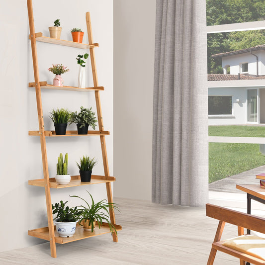 5-Tier Ladder Shelf Bamboo Bookshelf Wall-Leaning Storage Display Plant Stand, Natural Bookcases   at Gallery Canada