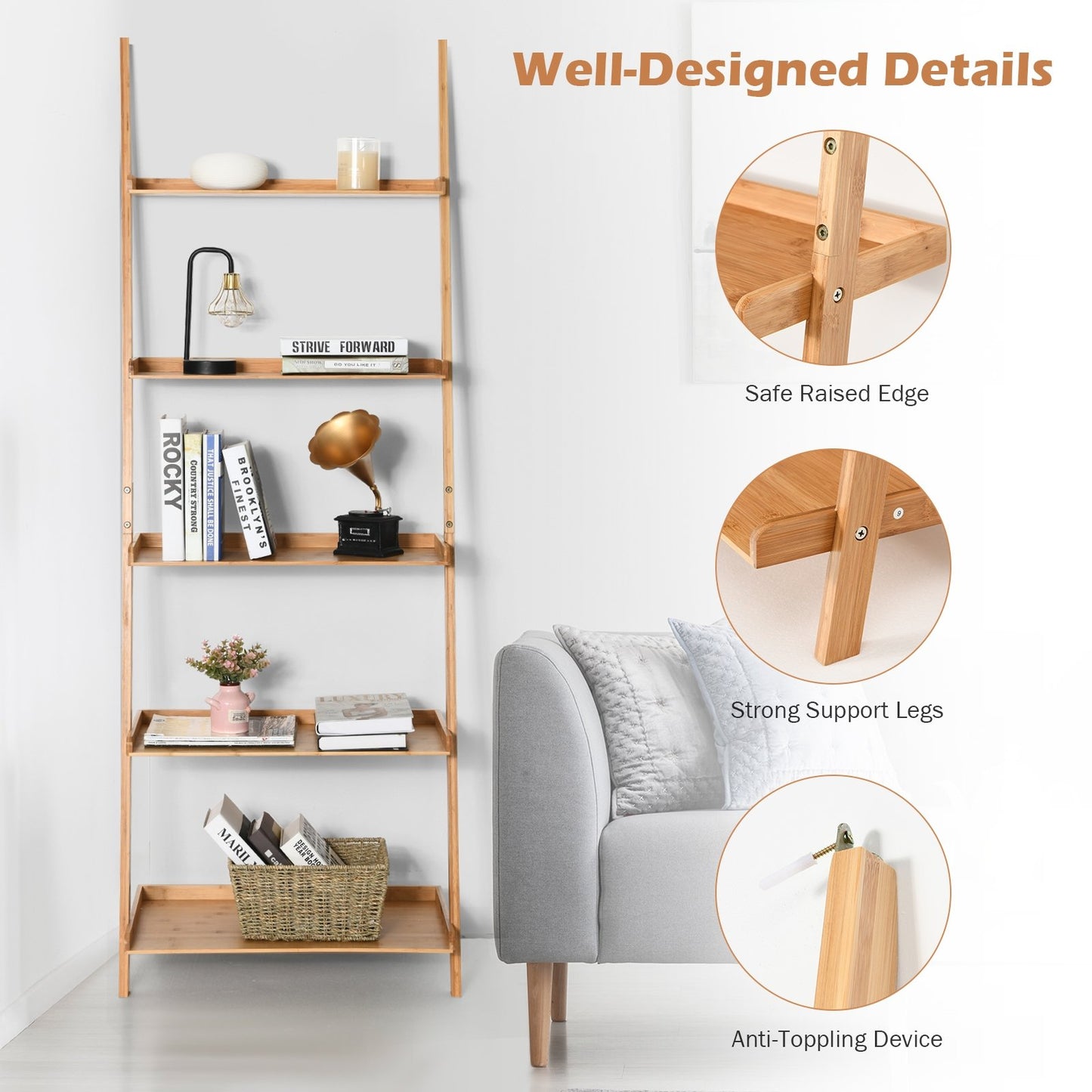 5-Tier Ladder Shelf Bamboo Bookshelf Wall-Leaning Storage Display Plant Stand, Natural - Gallery Canada