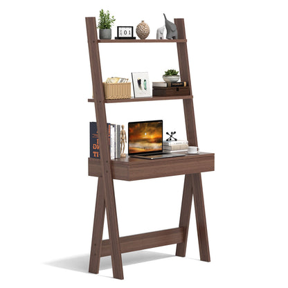 Ladder Shelf Desk Bookcase with Countertop  Drawer and 2 Shelves, Walnut Bookcases   at Gallery Canada