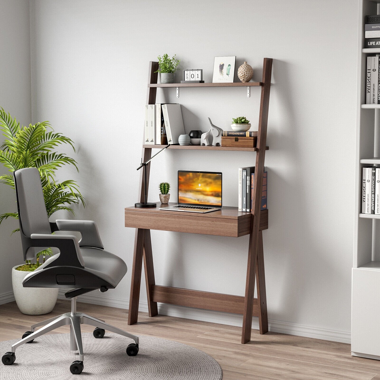 Ladder Shelf Desk Bookcase with Countertop  Drawer and 2 Shelves, Walnut Bookcases   at Gallery Canada