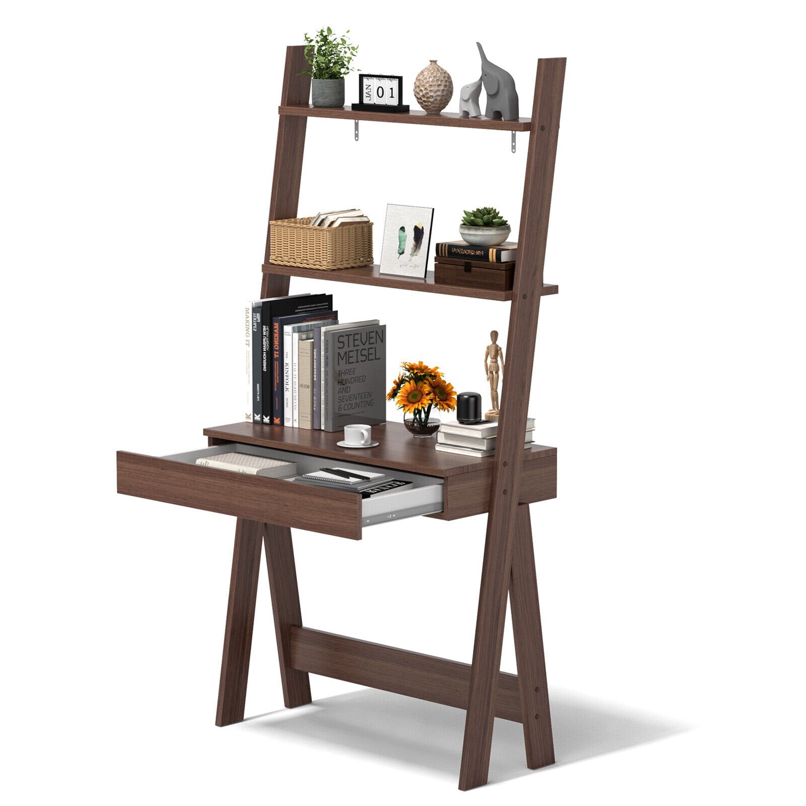 Ladder Shelf Desk Bookcase with Countertop  Drawer and 2 Shelves, Walnut Bookcases   at Gallery Canada