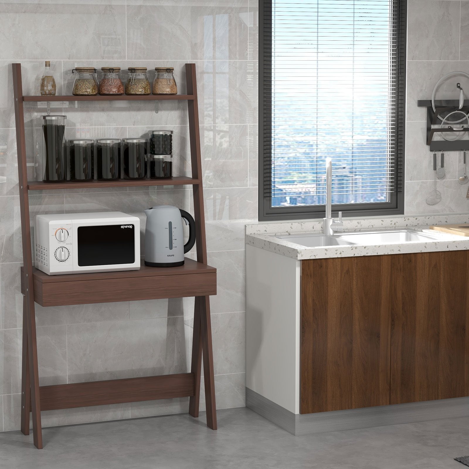 Ladder Shelf Desk Bookcase with Countertop  Drawer and 2 Shelves, Walnut Bookcases   at Gallery Canada