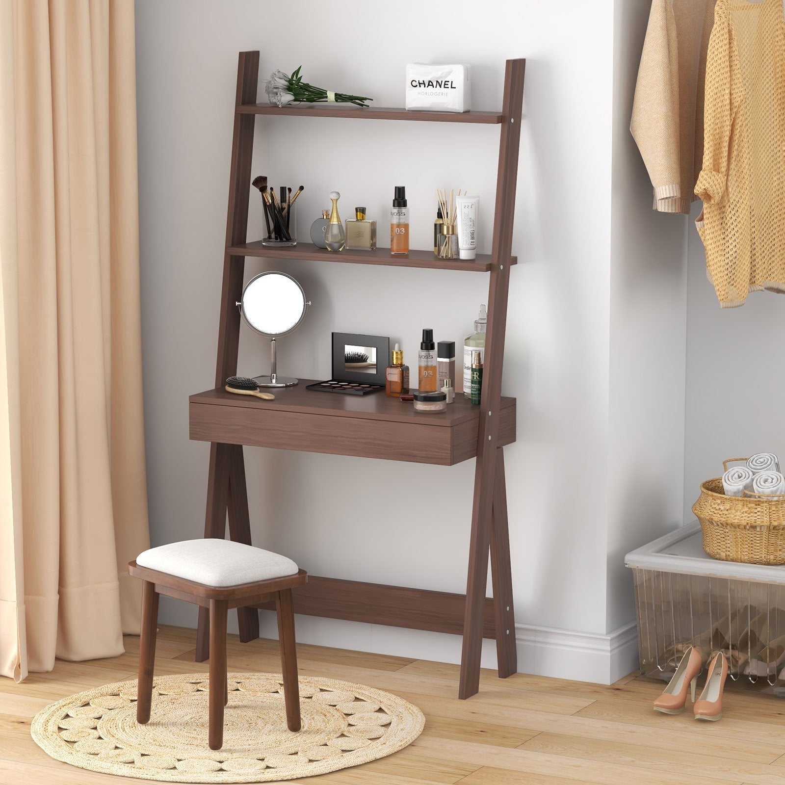 Ladder Shelf Desk Bookcase with Countertop  Drawer and 2 Shelves, Walnut Bookcases   at Gallery Canada