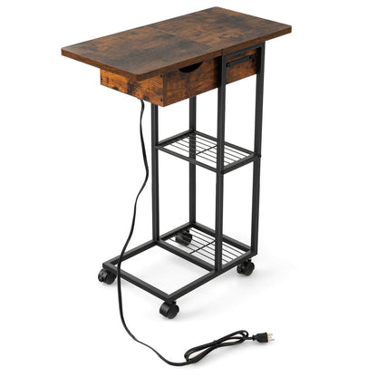 C-Shaped End Side Table with Charging Station and Wheels, Rustic Brown - Gallery Canada