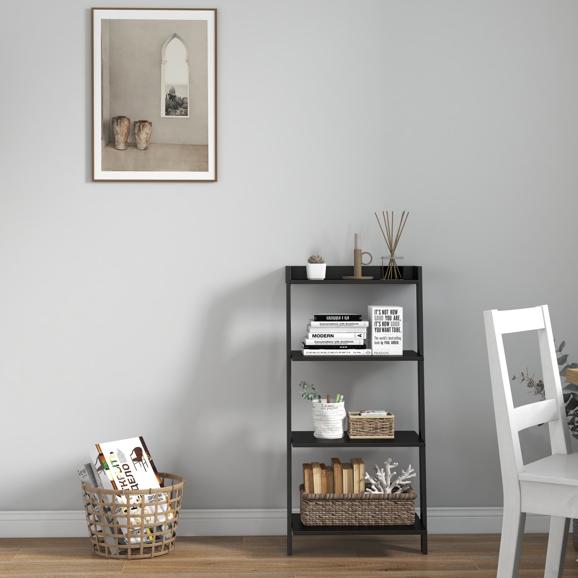 4-Tier Ladder Shelf with Solid Frame and Anti-toppling Device, Black Bookcases   at Gallery Canada