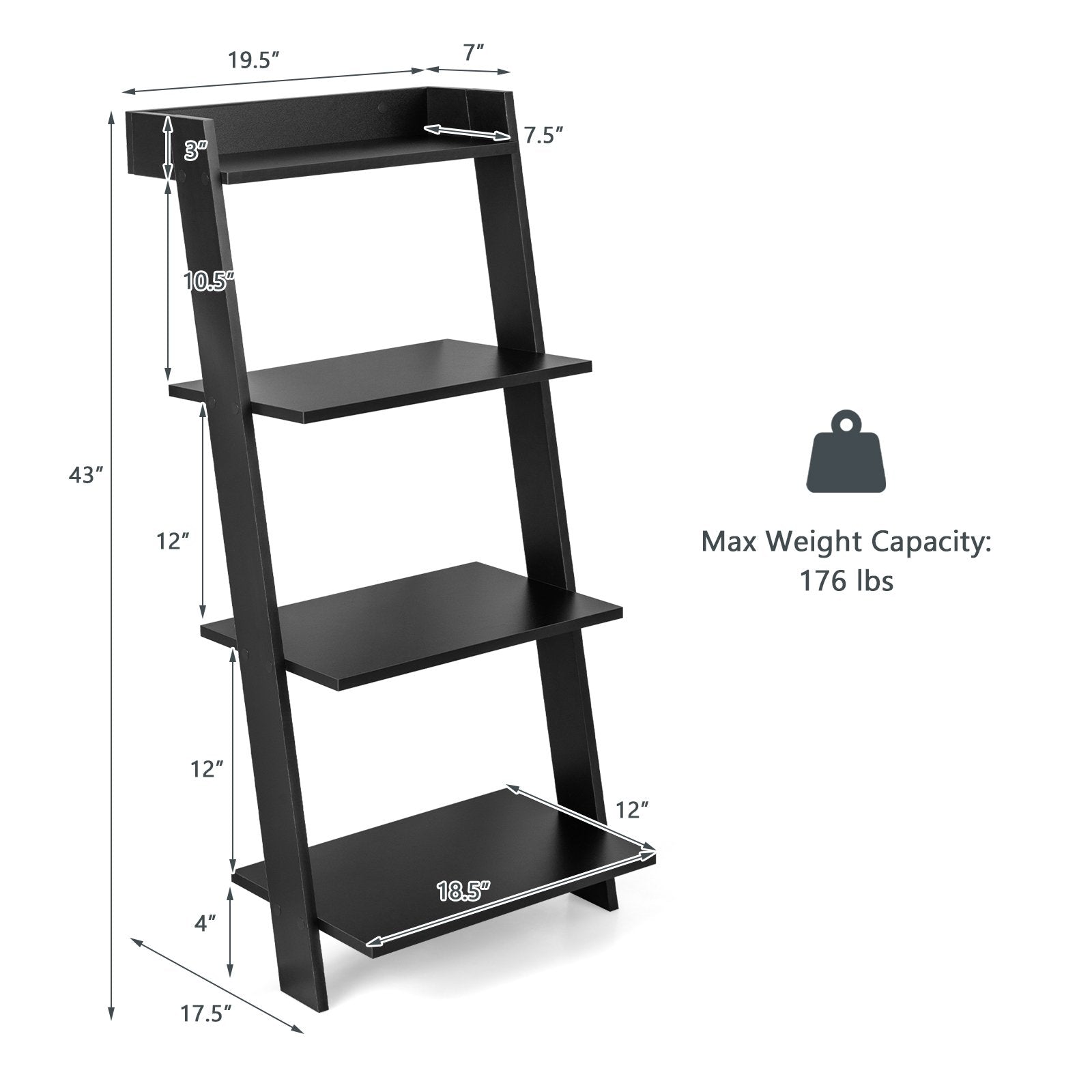 4-Tier Ladder Shelf with Solid Frame and Anti-toppling Device, Black Bookcases   at Gallery Canada