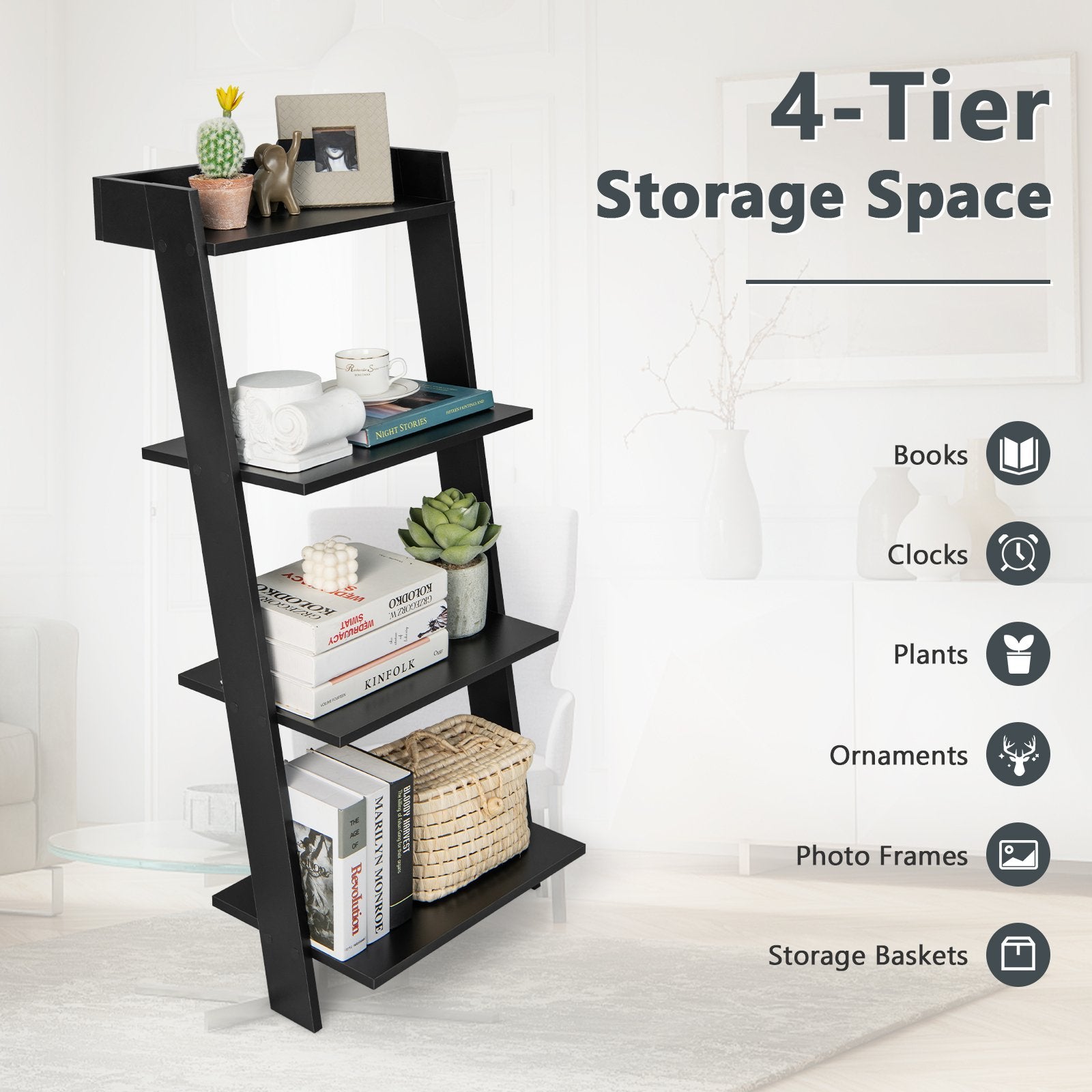 4-Tier Ladder Shelf with Solid Frame and Anti-toppling Device, Black Bookcases   at Gallery Canada