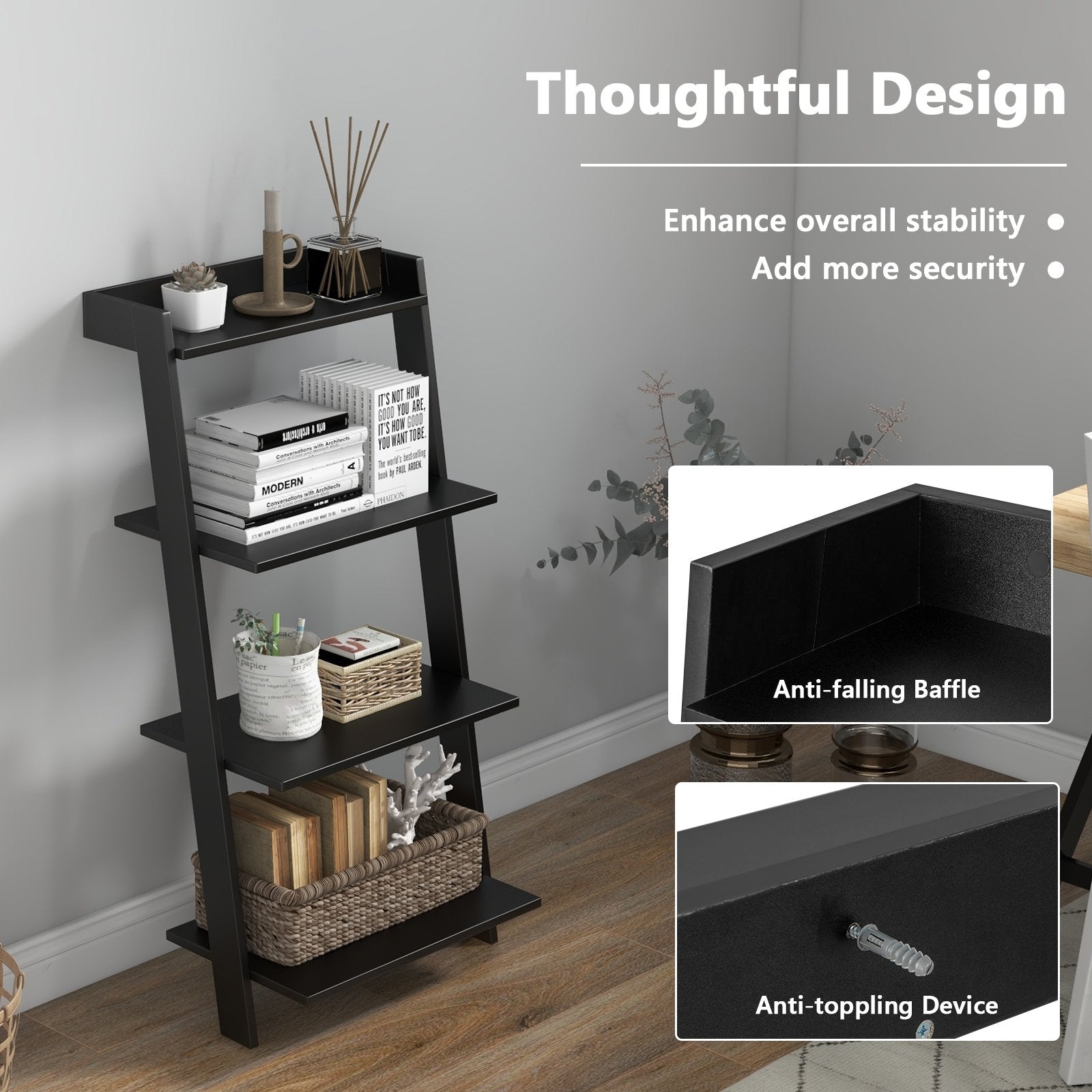 4-Tier Ladder Shelf with Solid Frame and Anti-toppling Device, Black Bookcases   at Gallery Canada