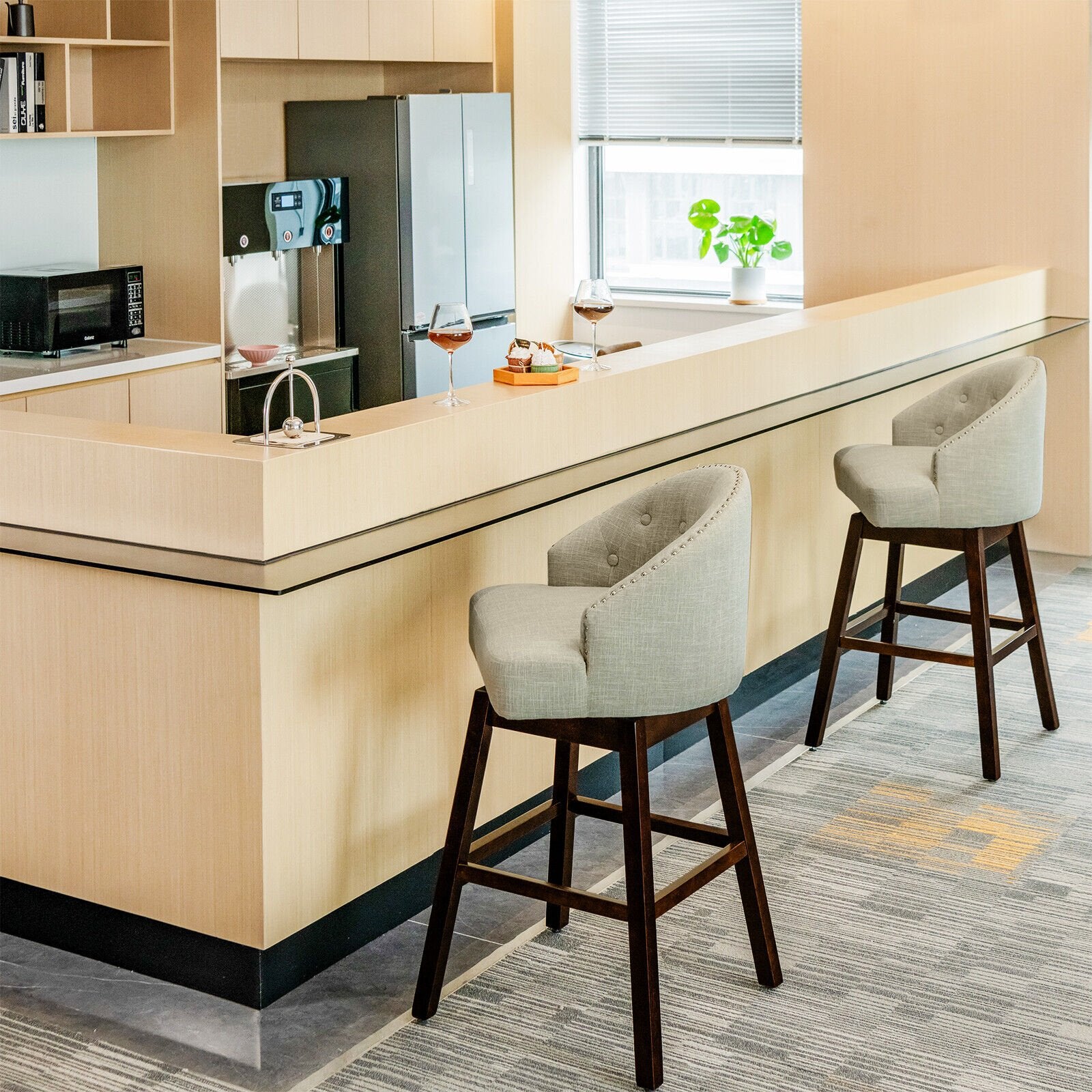 Set of 2 Swivel Bar Stools Tufted Bar Height Pub Chairs with Rubber Wood Legs, Beige Bar Stools   at Gallery Canada