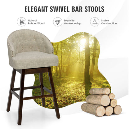 Set of 2 Swivel Bar Stools Tufted Bar Height Pub Chairs with Rubber Wood Legs, Beige Bar Stools   at Gallery Canada