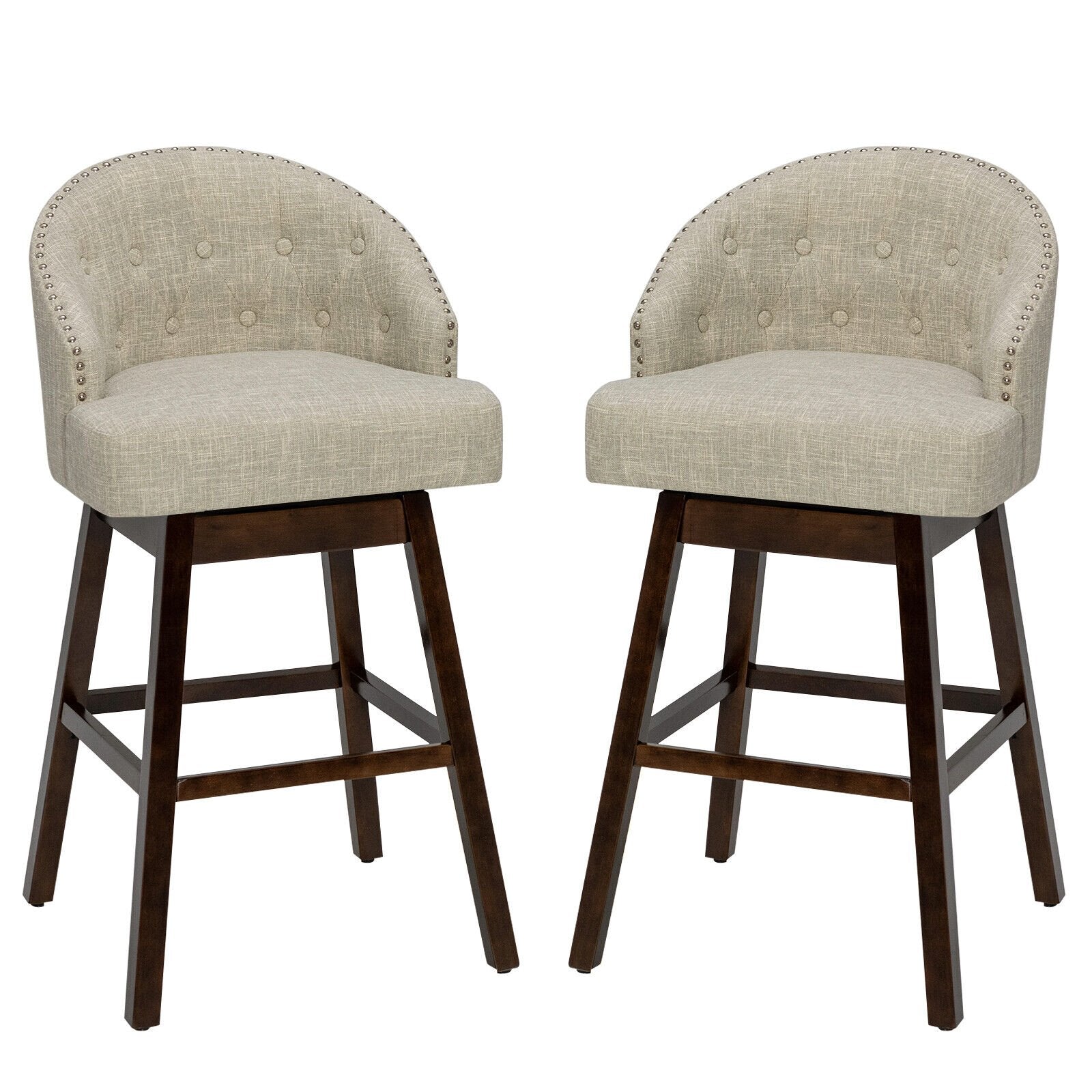 Set of 2 Swivel Bar Stools Tufted Bar Height Pub Chairs with Rubber Wood Legs, Beige Bar Stools   at Gallery Canada