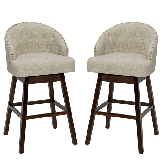 Set of 2 Swivel Bar Stools Tufted Bar Height Pub Chairs with Rubber Wood Legs, Beige Bar Stools   at Gallery Canada