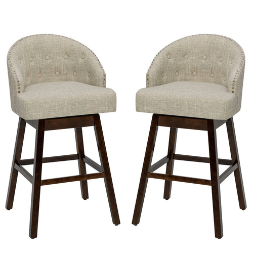 Set of 2 Swivel Bar Stools Tufted Bar Height Pub Chairs with Rubber Wood Legs, Beige