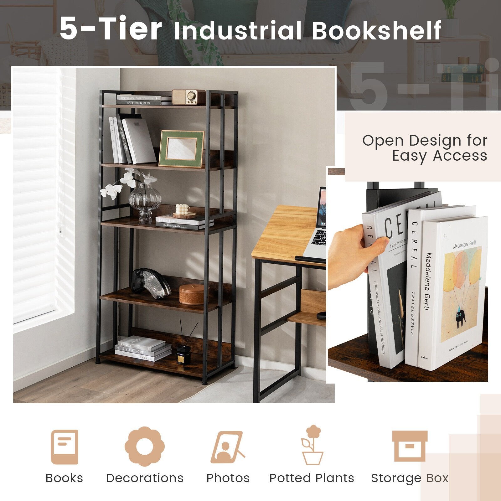 3/5-Tier Industrial Bookshelf Storage Shelf Display Rack with Adjustable Shelves-5Tier, Brown - Gallery Canada