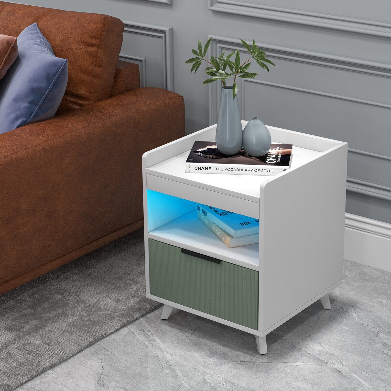 Modern Nightstand with LED Lights Sliding Drawer and Open Compartment, White Nightstands   at Gallery Canada