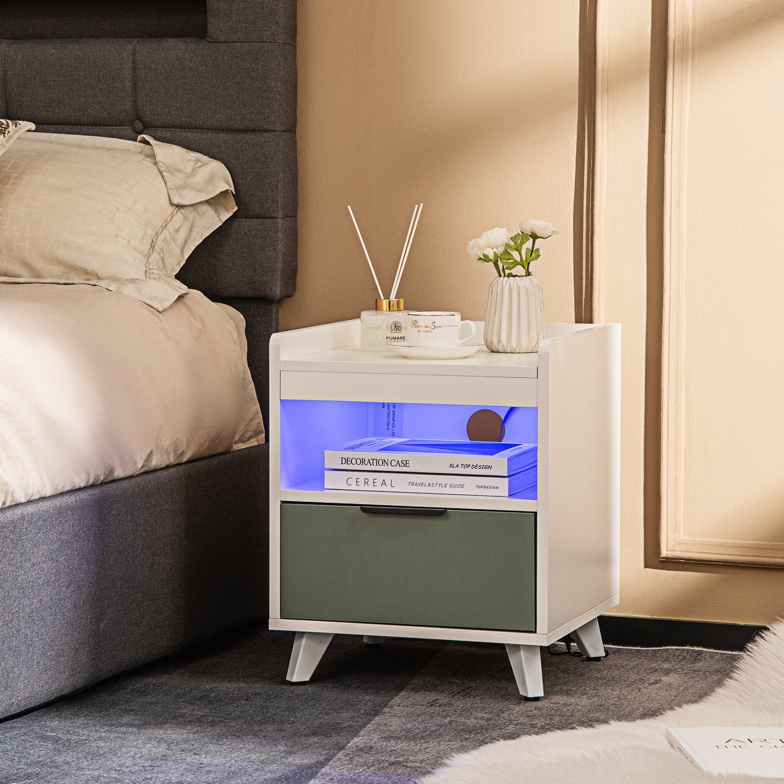 Modern Nightstand with LED Lights Sliding Drawer and Open Compartment, White Nightstands   at Gallery Canada