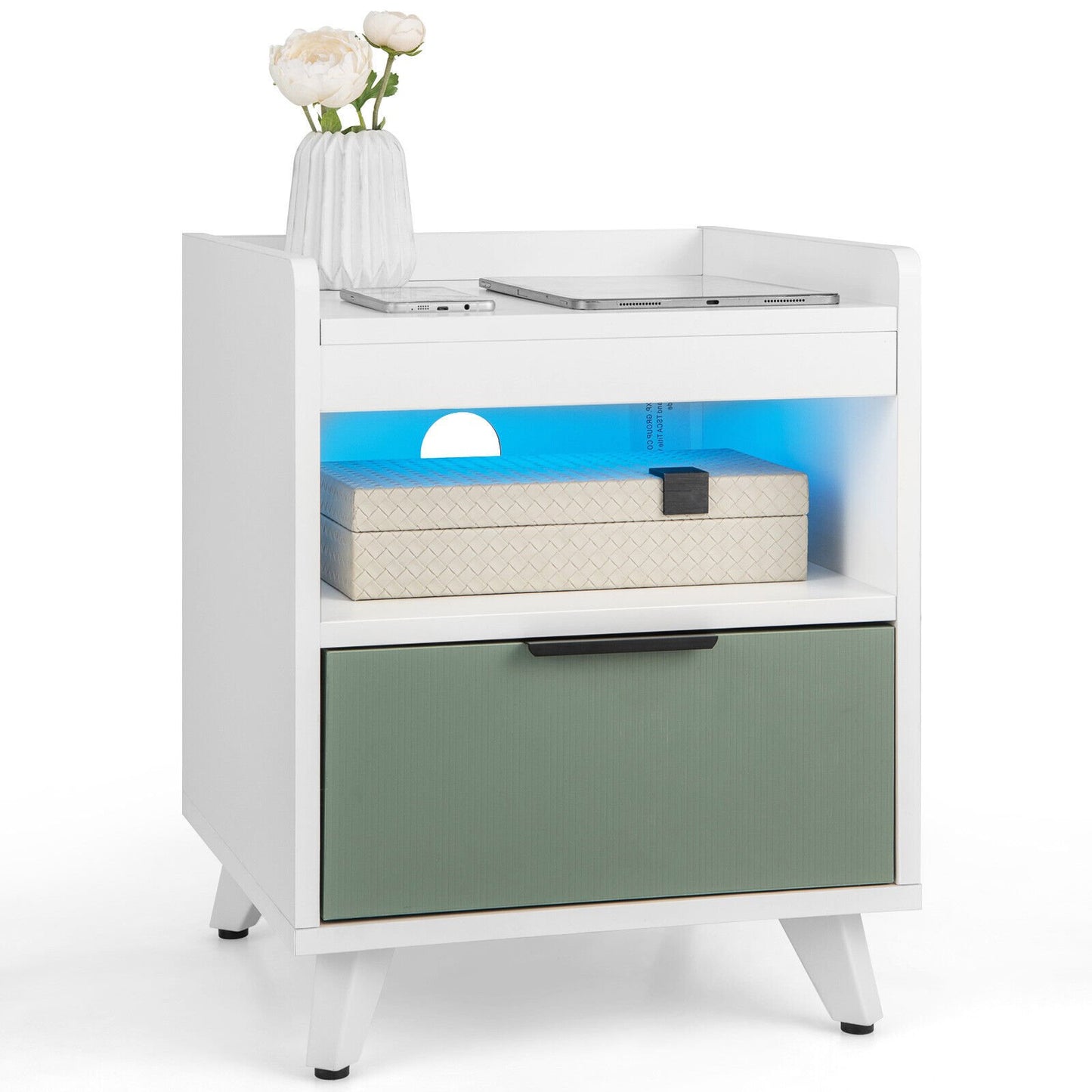 Modern Nightstand with LED Lights Sliding Drawer and Open Compartment, White Nightstands   at Gallery Canada