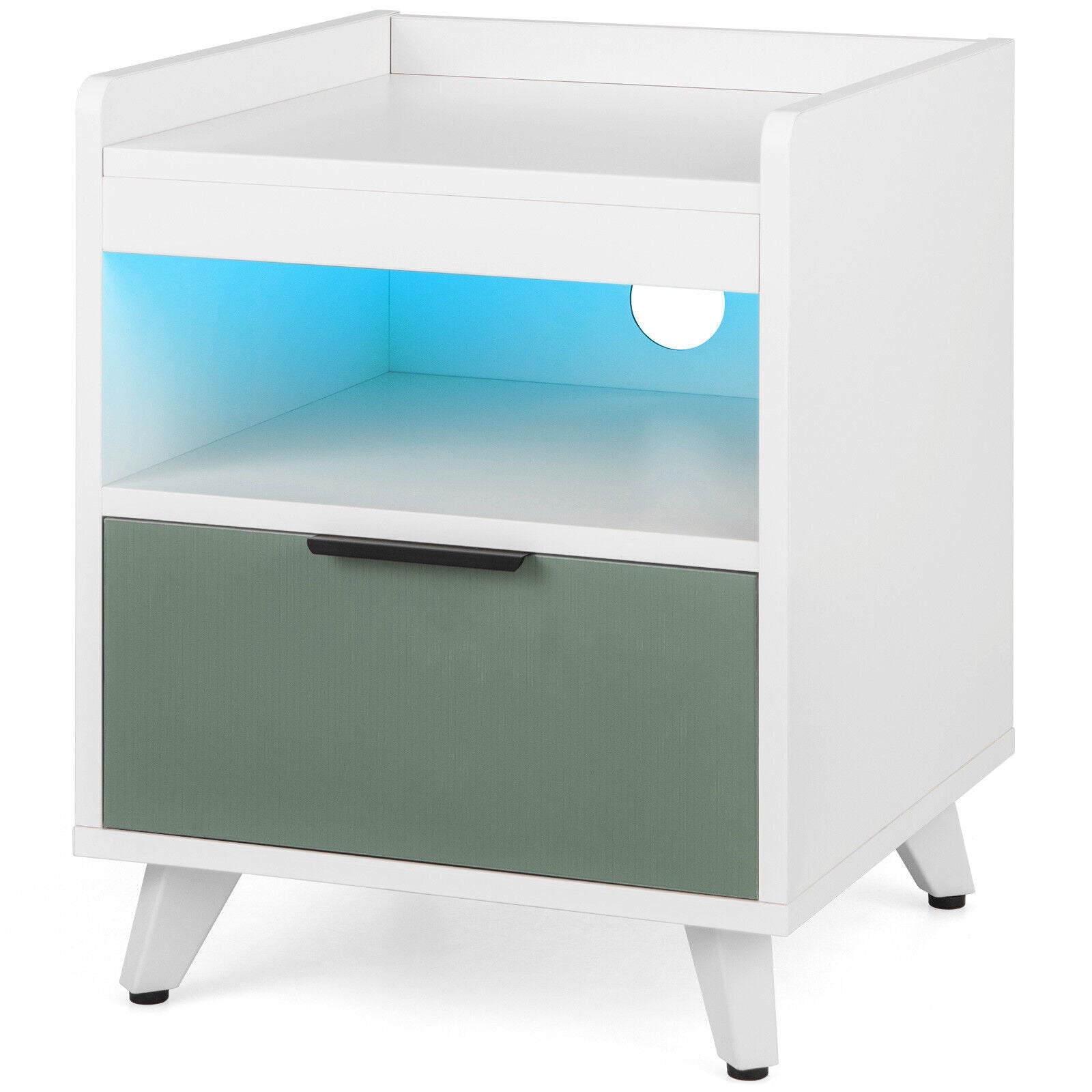 Modern Nightstand with LED Lights Sliding Drawer and Open Compartment, White Nightstands   at Gallery Canada