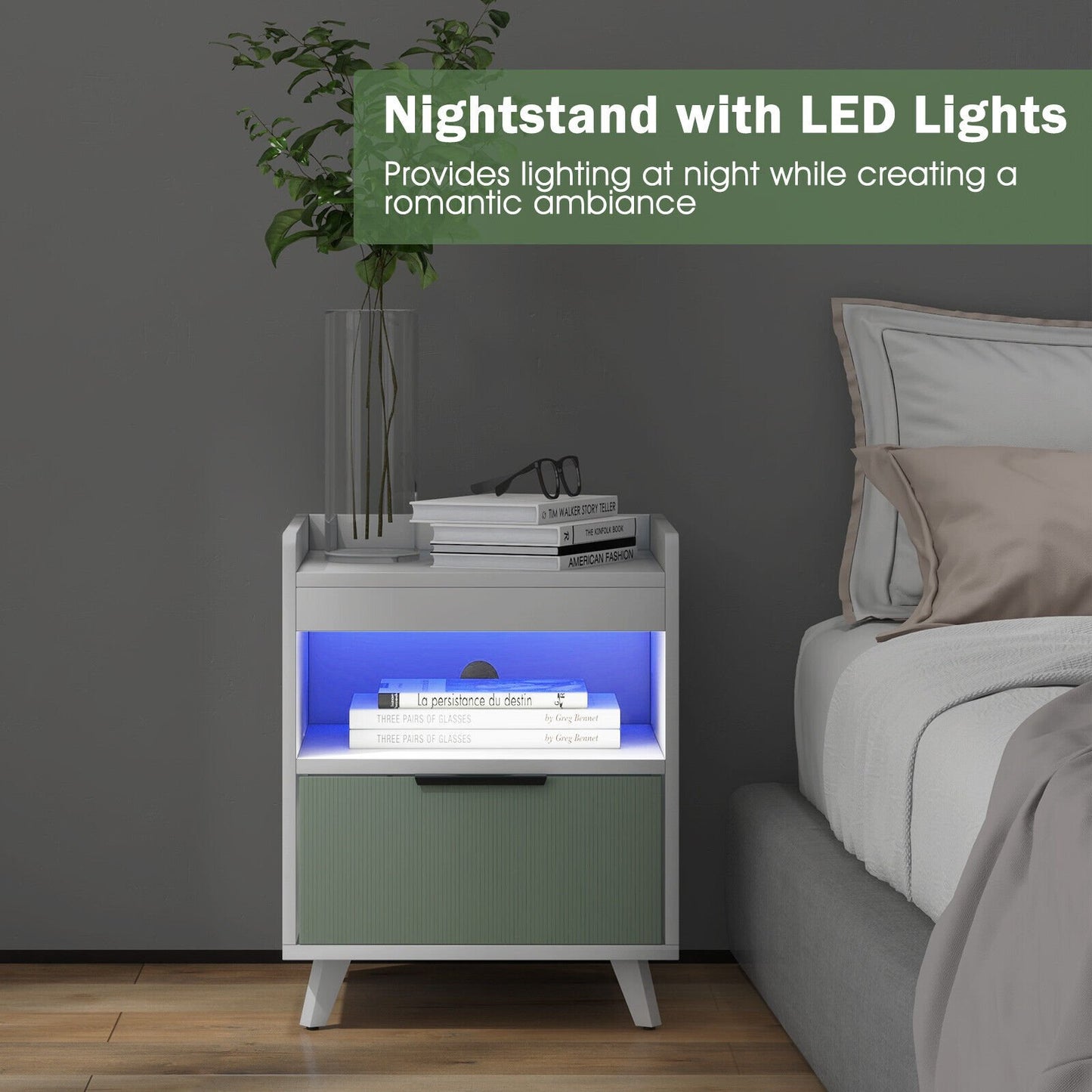 Modern Nightstand with LED Lights Sliding Drawer and Open Compartment, White Nightstands   at Gallery Canada