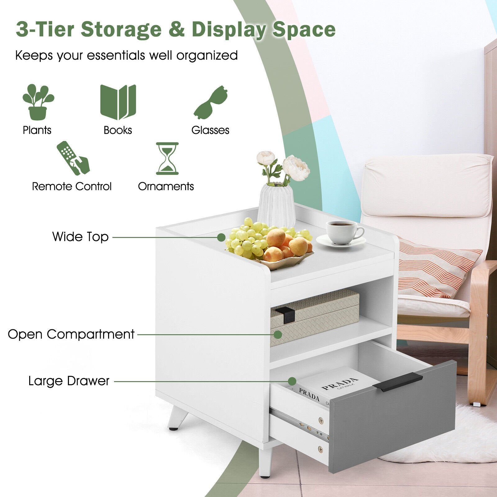 Modern Nightstand with LED Lights Sliding Drawer and Open Compartment, White Nightstands   at Gallery Canada